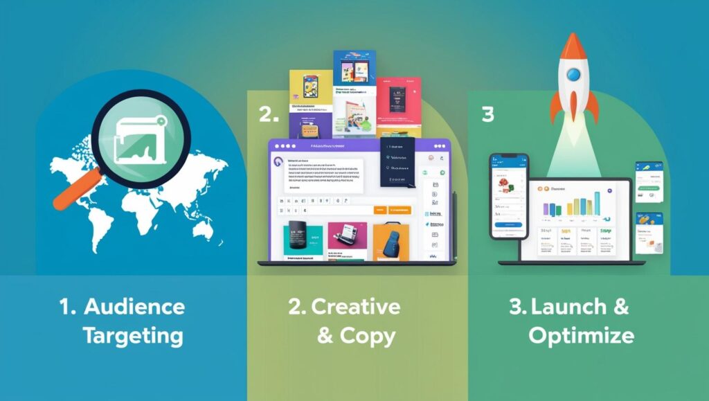 3-step infographic_ (1) Audience Targeting with magnifying glass icon, (2) Creative & Copy with text editor and ad mockups, (3) Launch & Optimize with a rocket icon and analytics dashboard. Clean, bold, gradient bac