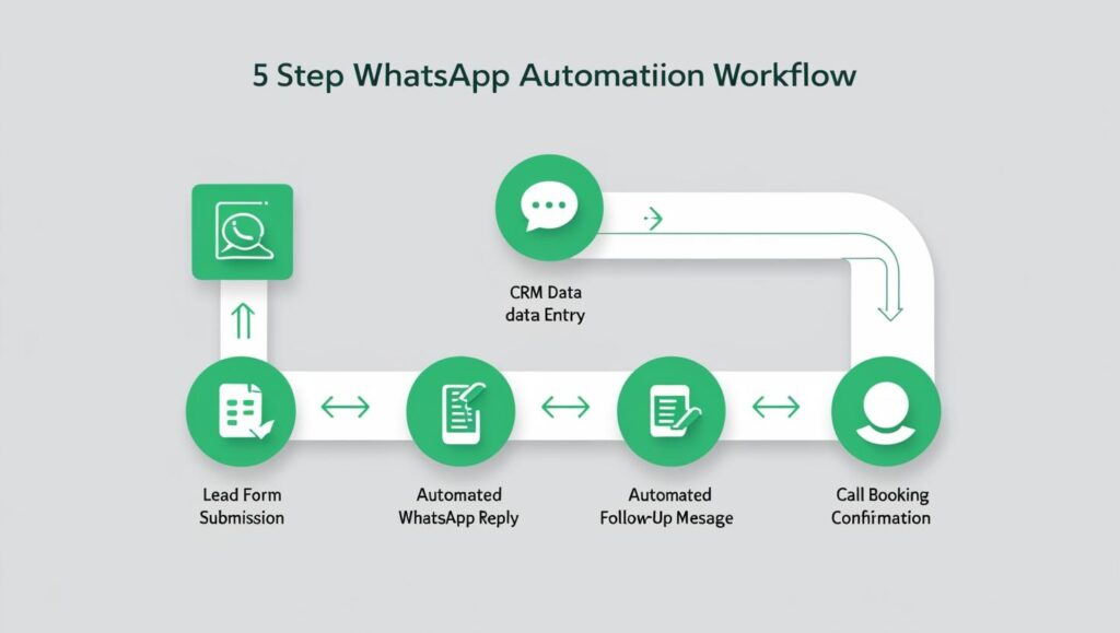 _A sleek, modern infographic showing a 5-step WhatsApp automation workflow in green and white. Icons for each step_ 1) Lead Form, 2) Auto-reply on WhatsApp, 3) CRM Entry, 4) Follow-up messages, 5) Call booking. _
